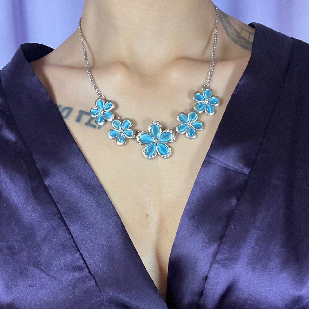 Blue Floral Statement Collar 22" Chain Necklace Feminine Romantic Spring Summer